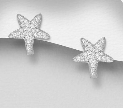 925 Sterling Silver Starfish Omega Lock Earrings, Decorated with CZ Simulated Diamonds
