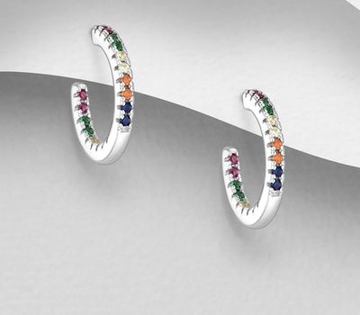 925 Sterling Silver Semi-Circle Push-Back Earrings, Decorated with Colorful CZ Simulated Diamonds, CZ Simulated Diamond Colors may Vary.