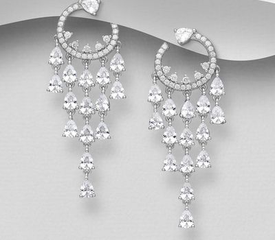 925 Sterling Silver Chandelier Push-Back Earrings, Decorated with CZ Simulated Diamonds