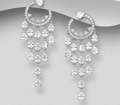 Şəkli böyütmək üçün tiklayın 925 Sterling Silver Chandelier Push-Back Earrings, Decorated with CZ Simulated Diamonds