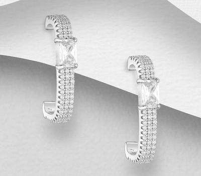 925 Sterling Silver Push-Back Earrings, Decorated with CZ Simulated Diamonds