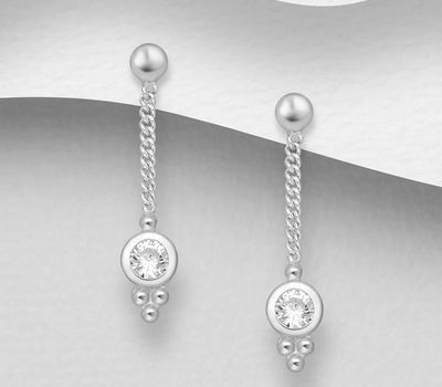 925 Sterling Silver Push-Back Earrings, Decorated with CZ Simulated Diamonds