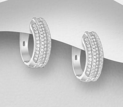 Şəkli böyütmək üçün tiklayın 925 Sterling Silver Omega Lock Earrings, Decorated with CZ Simulated Diamonds