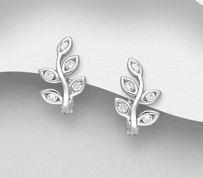 Şəkli böyütmək üçün tiklayın 925 Sterling Silver Leaf Omega Lock Earrings, Decorated with CZ Simulated Diamonds