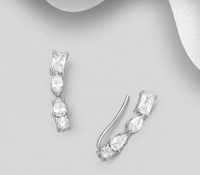 925 Sterling Silver Ear Pins, Decorated with CZ Simulated Diamonds