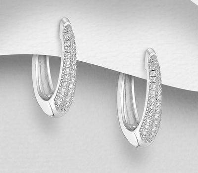 Şəkli böyütmək üçün tiklayın 925 Sterling Silver Hoop Earrings, Decorated with CZ Simulated Diamonds