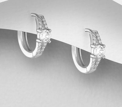 Şəkli böyütmək üçün tiklayın 925 Sterling Silver Hoop Earrings, Decorated with CZ Simulated Diamonds