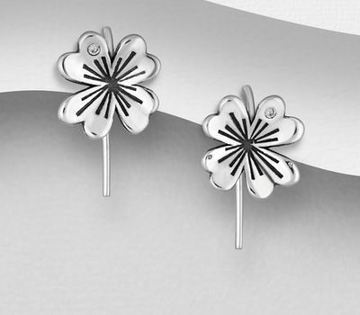 925 Sterling Silver Oxidized Clover Hook Earrings, Decorated with CZ Simulated Diamonds
