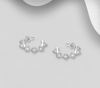 925 Sterling Silver Spike Ear Cuffs, Decorated with CZ Simulated Diamonds