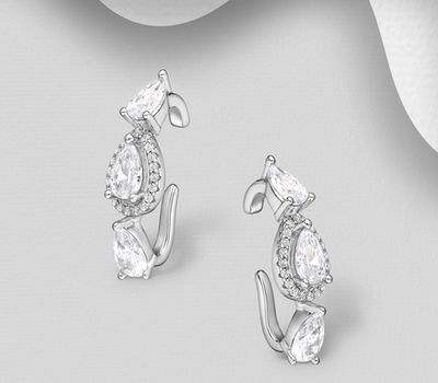 925 Sterling Silver Droplet Ear Cuffs, Decorated with CZ Simulated Diamonds