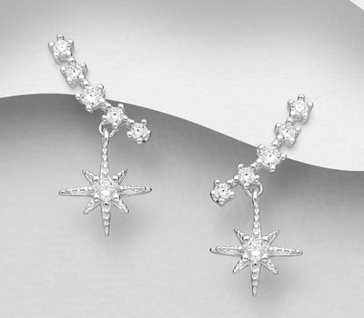 925 Sterling Silver Star Push-Back Earrings, Decorated with CZ Simulated Diamonds