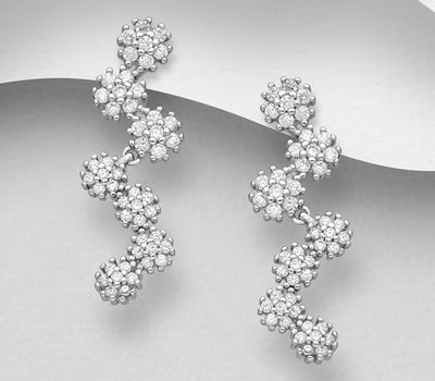 925 Sterling Silver Flower Push-Back Earrings, Decorated with CZ Simulated Diamonds