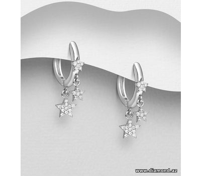 925 Sterling Silver Hoop Earrings Featuring Stars Decorated with CZ Simulated Diamonds
