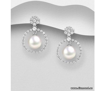 925 Sterling Silver Push-Back Earrings, Decorated with Simulated Pearl and CZ Simulated Diamonds