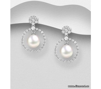 Malın səhifəsinə keç 925 Sterling Silver Push-Back Earrings, Decorated with Simulated Pearl and CZ Simulated Diamonds