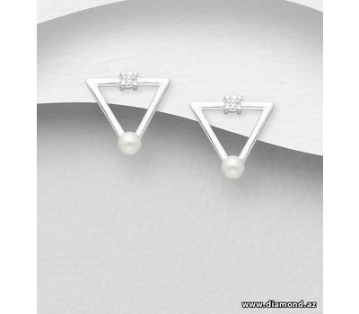 925 Sterling Silver Triangle Push-Back Earrings, Decorated with Freshwater Pearls and CZ Simulated Diamonds