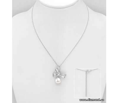 925 Sterling Silver Bow Necklace, Decorated with CZ Simulated Diamonds and Reconstructed Shell