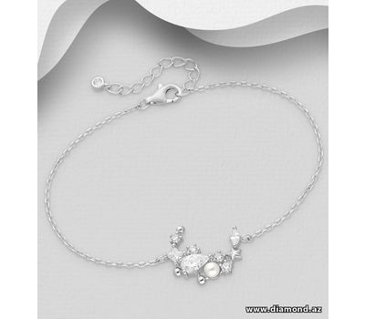 925 Sterling Silver Moon Bracelet, Decorated with Simulated Pearls and CZ Simulated Diamonds