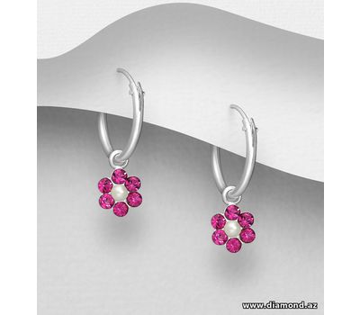 925 Sterling Silver Flower Hoop Earrings, Decorated with Simulated Pearls and Crystal Glass