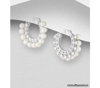 925 Sterling Silver Hoop Earrings, Decorated with Simulated Pearls and CZ Diamonds