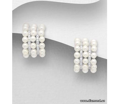 925 Sterling Silver Push-Back Earrings, Decorated with CZ Simulated Diamonds and Simulated Pearls