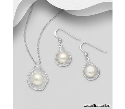 925 Sterling Silver Hook Earrings and Pendant Jewelry Set, Decorated with FreshWater Pearls and CZ Simulated Diamonds