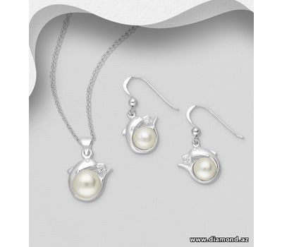 925 Sterling Silver Dolphin Hook Earrings and Pendant Jewelry Set, Decorated with FreshWater Pearls and CZ Simulated Diamonds