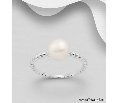 Şəkli böyütmək üçün tiklayın 925 Sterling Silver Ball Band Solitaire Ring Decorated Freshwater Pearl
