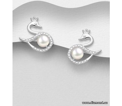 925 Sterling Silver Swan Push-Back Earrings, Decorated with FreshWater Pearls