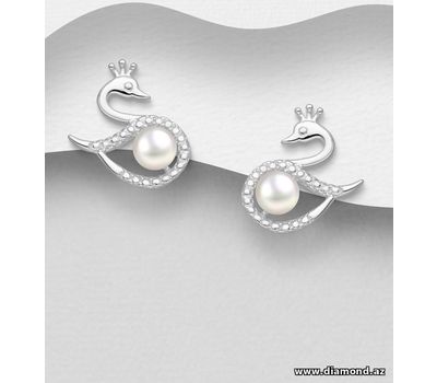 Şəkli böyütmək üçün tiklayın 925 Sterling Silver Swan Push-Back Earrings, Decorated with FreshWater Pearls