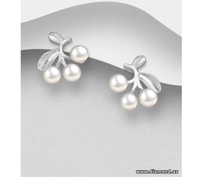925 Sterling Silver Cherry Push-Back Earrings, Decorated with FreshWater Pearls