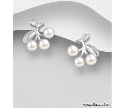 Şəkli böyütmək üçün tiklayın 925 Sterling Silver Cherry Push-Back Earrings, Decorated with FreshWater Pearls