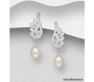 925 Sterling Silver Wings Push-Back Earrings, Decorated with FreshWater Pearls