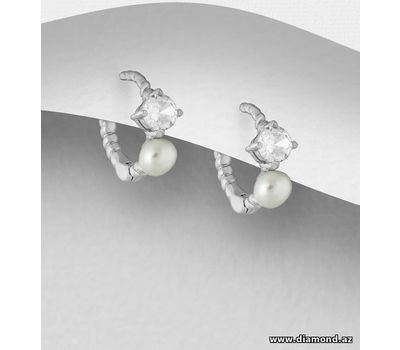 925 Sterling Silver Hoop Earrings, Decorated with CZ Simulated Diamonds and FreshWater Pearls