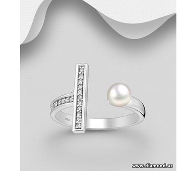 925 Sterling Silver Bar Adjustable Ring, Decorated with CZ Simulated Diamonds and FreshWater Pearl
