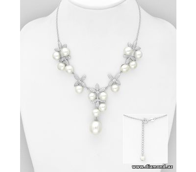 925 Sterling Silver Leaf Necklace, Decorated with FreshWater Pearls and CZ Simulated Diamonds