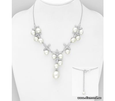 Şəkli böyütmək üçün tiklayın 925 Sterling Silver Leaf Necklace, Decorated with FreshWater Pearls and CZ Simulated Diamonds
