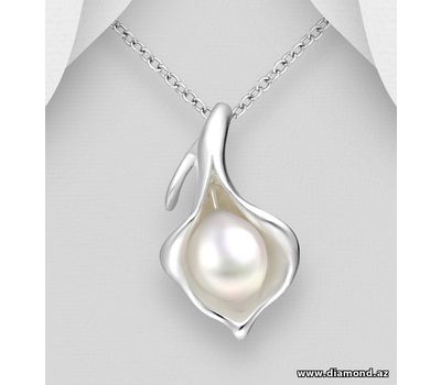 Şəkli böyütmək üçün tiklayın 925 Sterling Silver Leaf Pendant, Decorated with FreshWater Pearl
