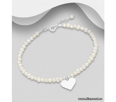 925 Sterling Silver Heart Bracelet Beaded with Freshwater Pearls