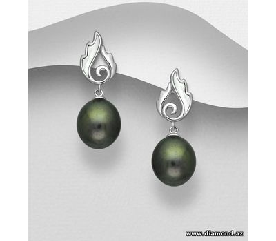 925 Sterling Silver Flame Push-Back Earrings, Decorated with Freshwater Pearls and Shell