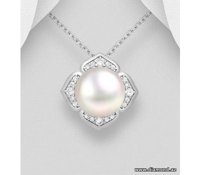 925 Sterling Silver Pendant, Decorated with CZ Simulated Diamonds and Freshwater Pearl