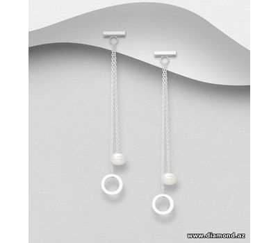 925 Sterling Silver Bar and Circle Push-Back Earrings Decorated with FreshWater Pearls