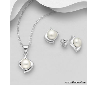 925 Sterling Silver Push-Back Earrings and Pendant Jewelry Set, Decorated With FreshWater Pearls