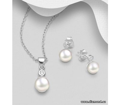 925 Sterling Silver Push-Back Earrings and Pendant Jewelry Set, Decorated with Freshwater Pearl and CZ Simulated Diamonds