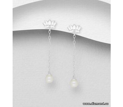 925 Sterling Silver Lotus Push-Back Earrings, Decorated with Freshwater Pearls