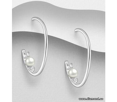 925 Sterling Silver Semi-Circle Push-Back Earrings, Decorated with Freshwater Pearls and CZ Simulated Diamonds