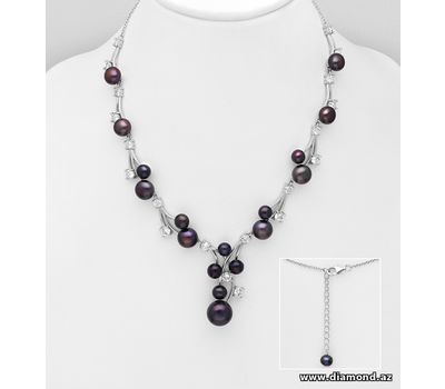 Şəkli böyütmək üçün tiklayın 925 Sterling Silver Necklace, Decorated with Freshwater Pearls and CZ Simulated Diamonds
