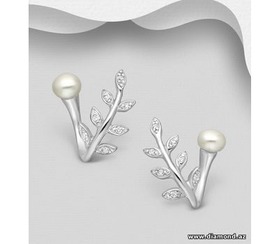Şəkli böyütmək üçün tiklayın 925 Sterling Silver Leaf Push-Back Earrings, Decorated with Freshwater Pearls and CZ Simulated Diamonds