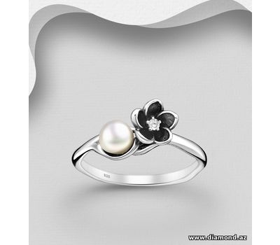 925 Sterling Silver Oxidized Flower Ring, Decorated with Freshwater Pearl and CZ Simulated Diamond