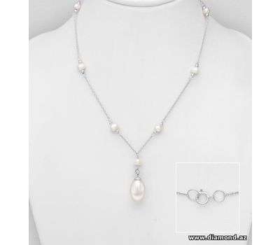 925 Sterling Silver Necklace, Decorated with Freshwater Pearls